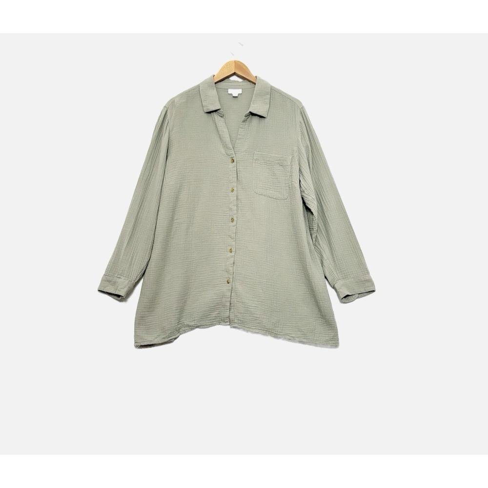 J Jill Button Top 2X 100% Cotton Lagenlook Gauzy Tunic Beachy Sage Green Pocket